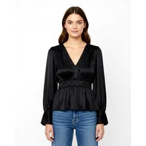 Madewell Date Night Top NWT Size 10 Black Long Sleeve Satin Peplum Goth Capsule